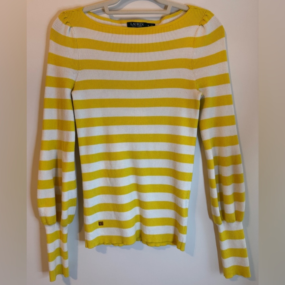 Lauren Ralph Lauren Yellow and White Striped Balloon Sleeve Sweater Size M